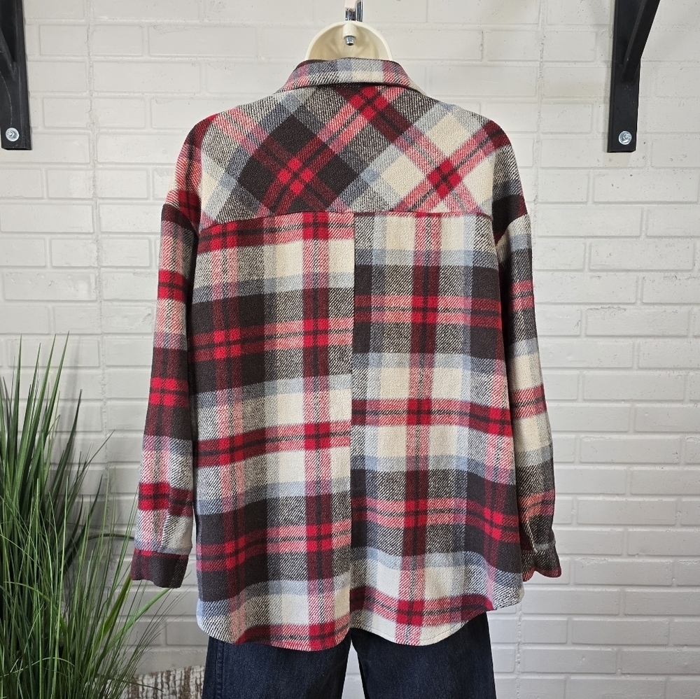 Hyfve Red and Brown Plaid Button Up Shacket Jacket Size Medium - Picture 7 of 8